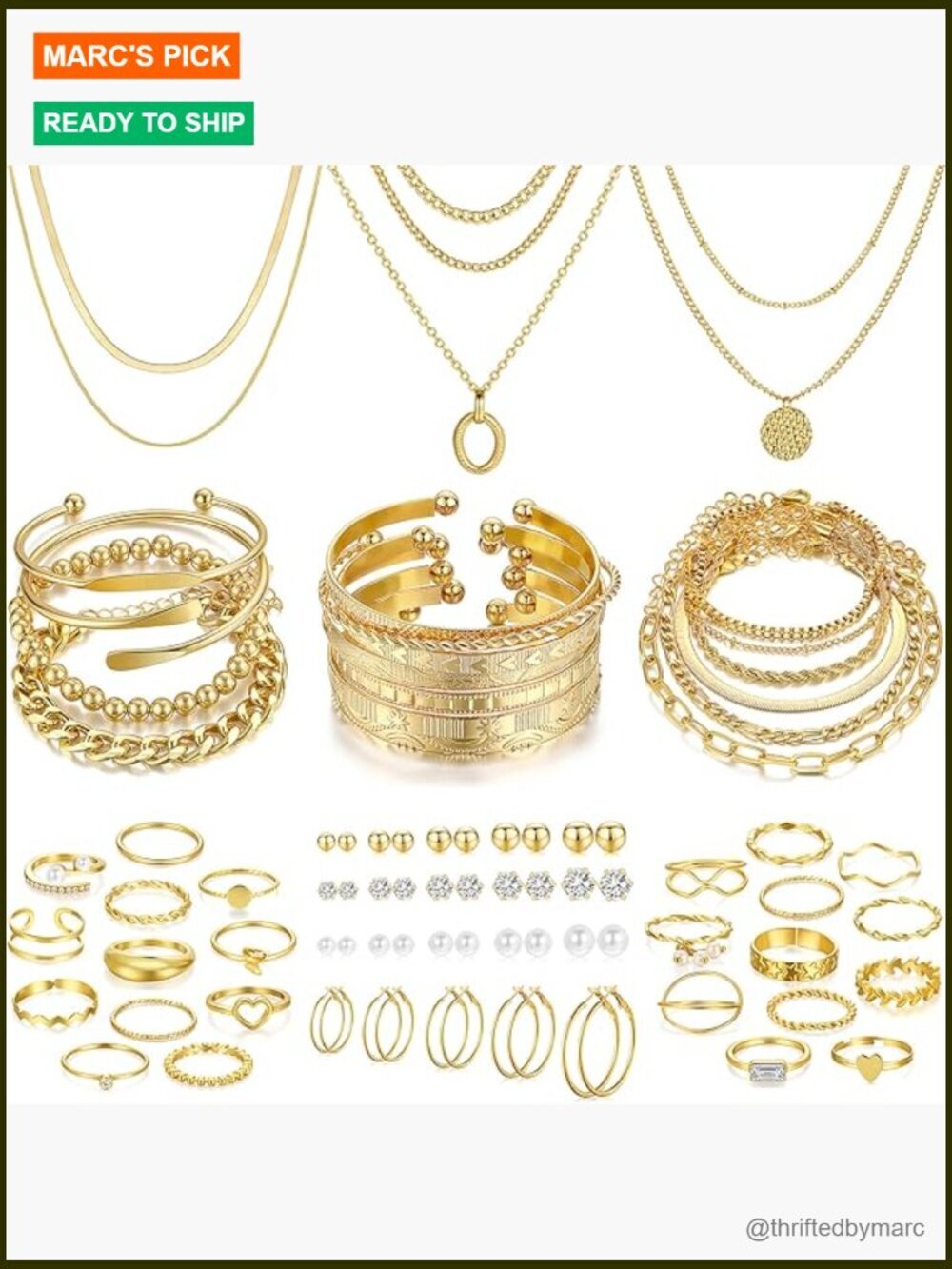68 Piece Gold Jewelry Set - 7 Necklaces, 17 Bracelets, 5 Hoop Earrings, 15 Stud